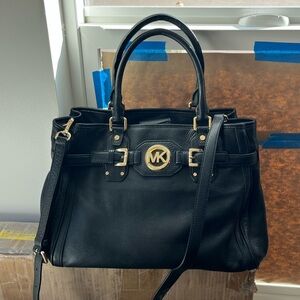 Michael Kors Black Leather Satchel with Gold-Tone MK Emblem